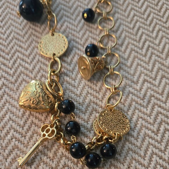 Long gold chain necklace with black beads - Picture 2 of 5